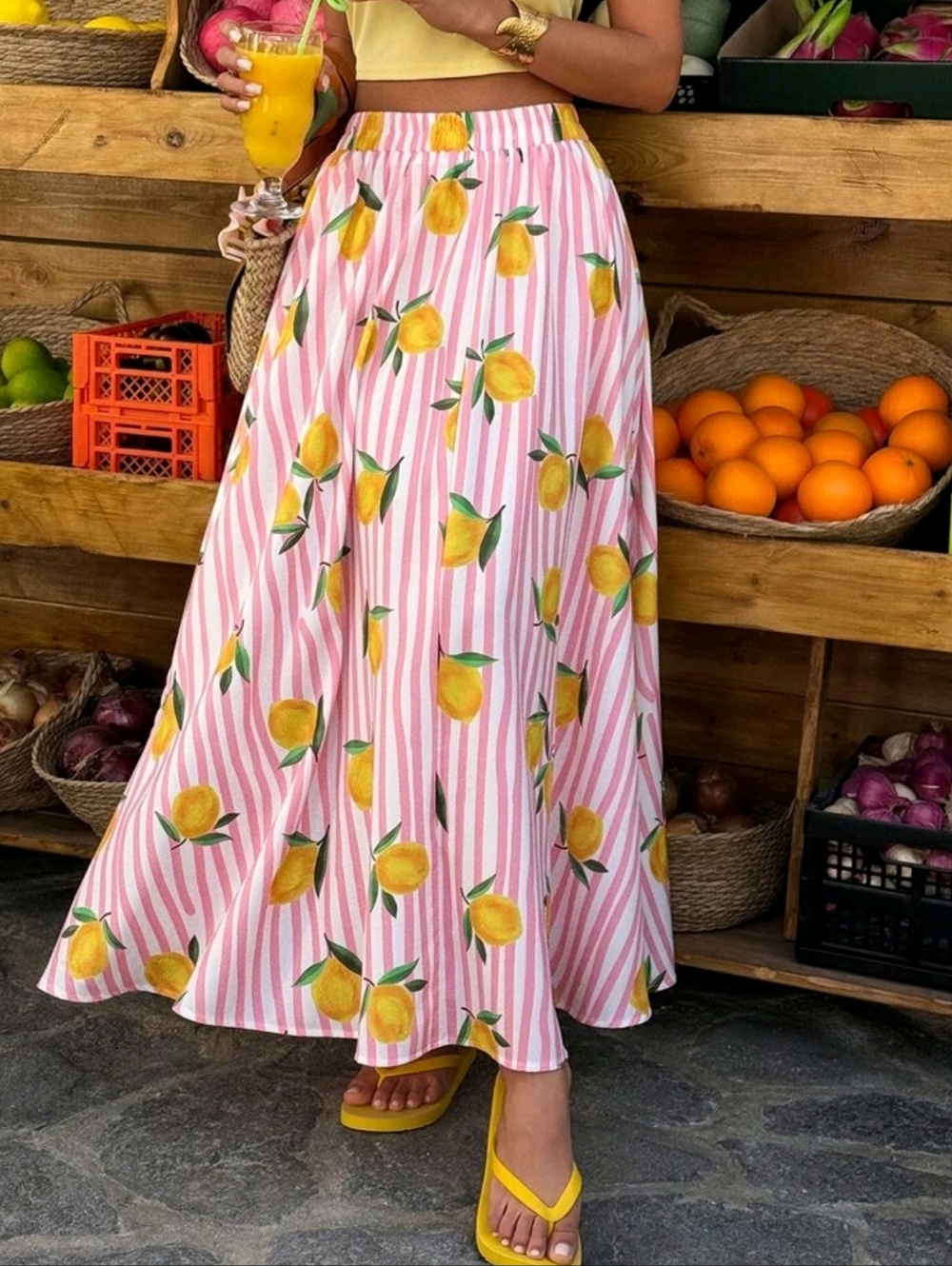 Women’s Pink Striped Lemon Print Maxi Skirt - Picture 4 of 5